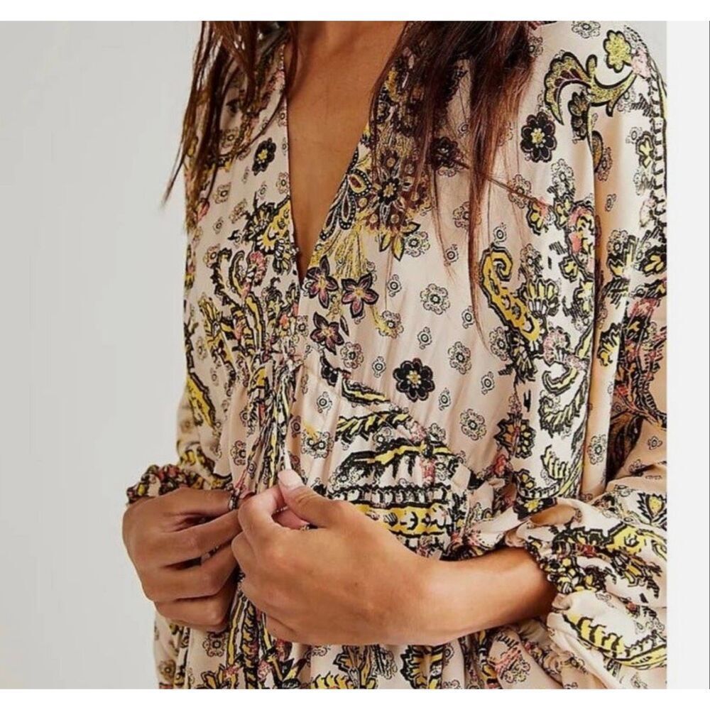Free People Arzel Boho Peasant Paisley Dress Long Balloon Sleeve V-Neck Tea Sz S - Picture 3 of 14